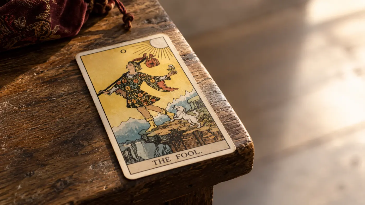 Carta de tarot al borde de una mesa de madera, con espacio vacío alrededor