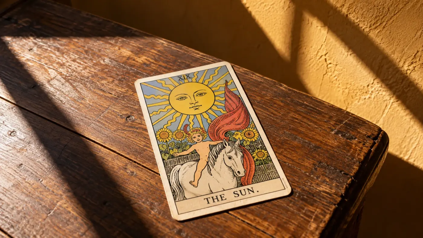 Carta de tarot sobre una mesa bañada por luz directa de mediodía