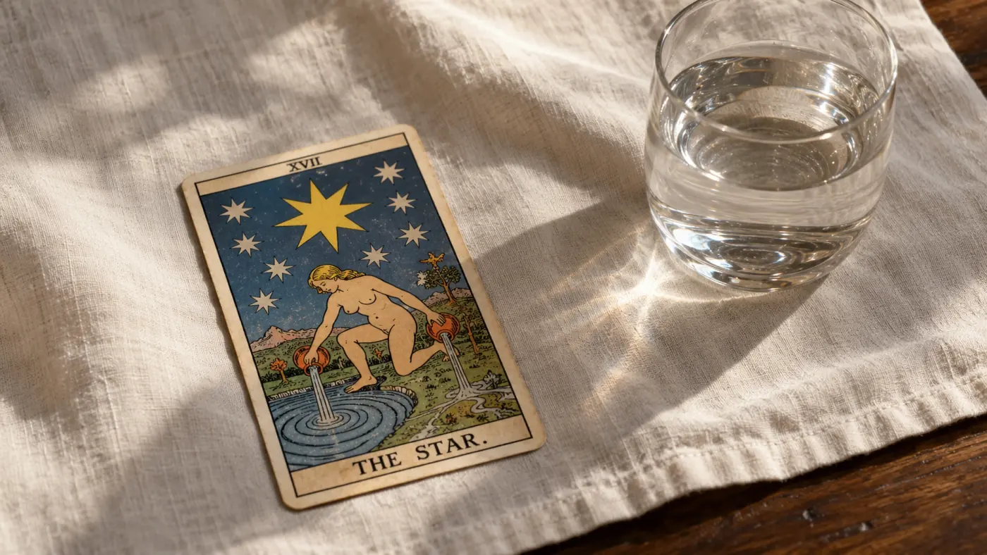 Carta de tarot sobre tela clara con una luz suave y limpia entrando desde arriba