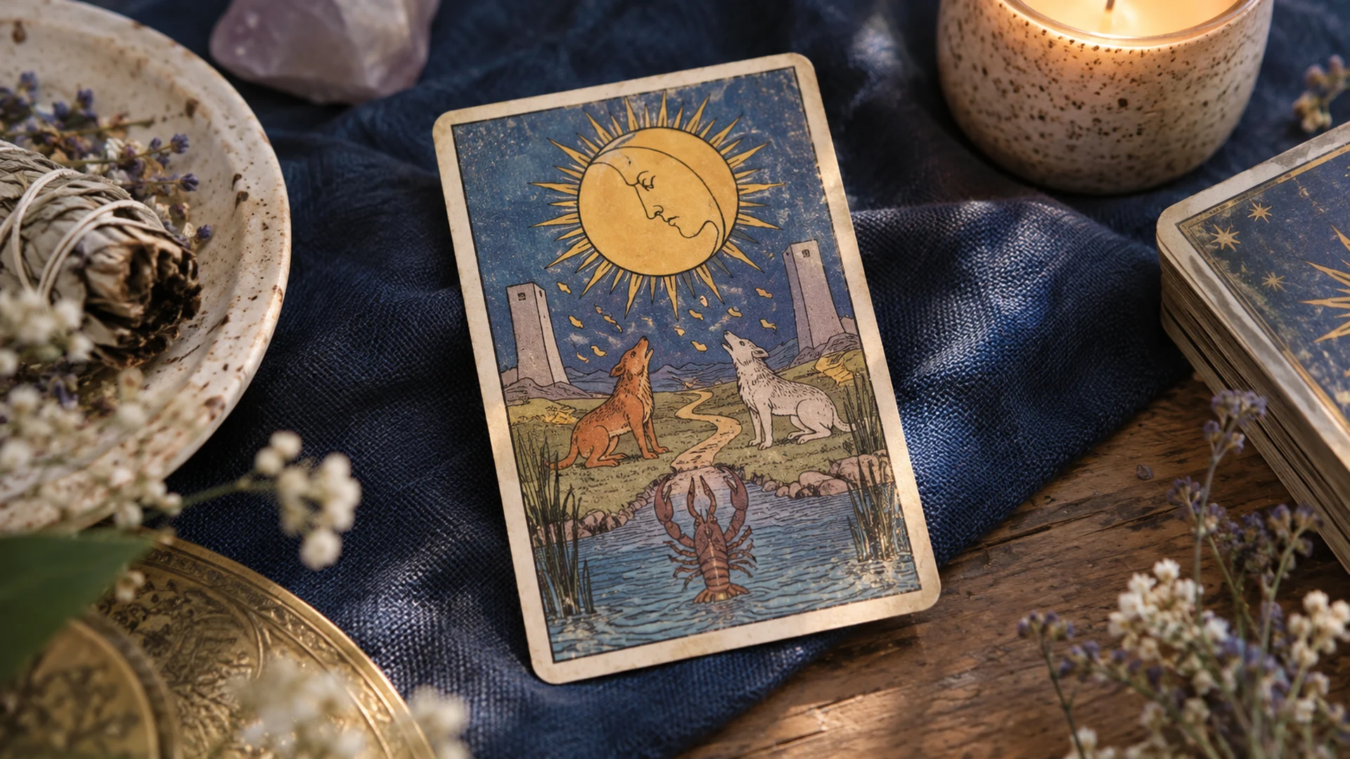 Composición editorial de tarot para la guía «La Luna en el tarot del amor»