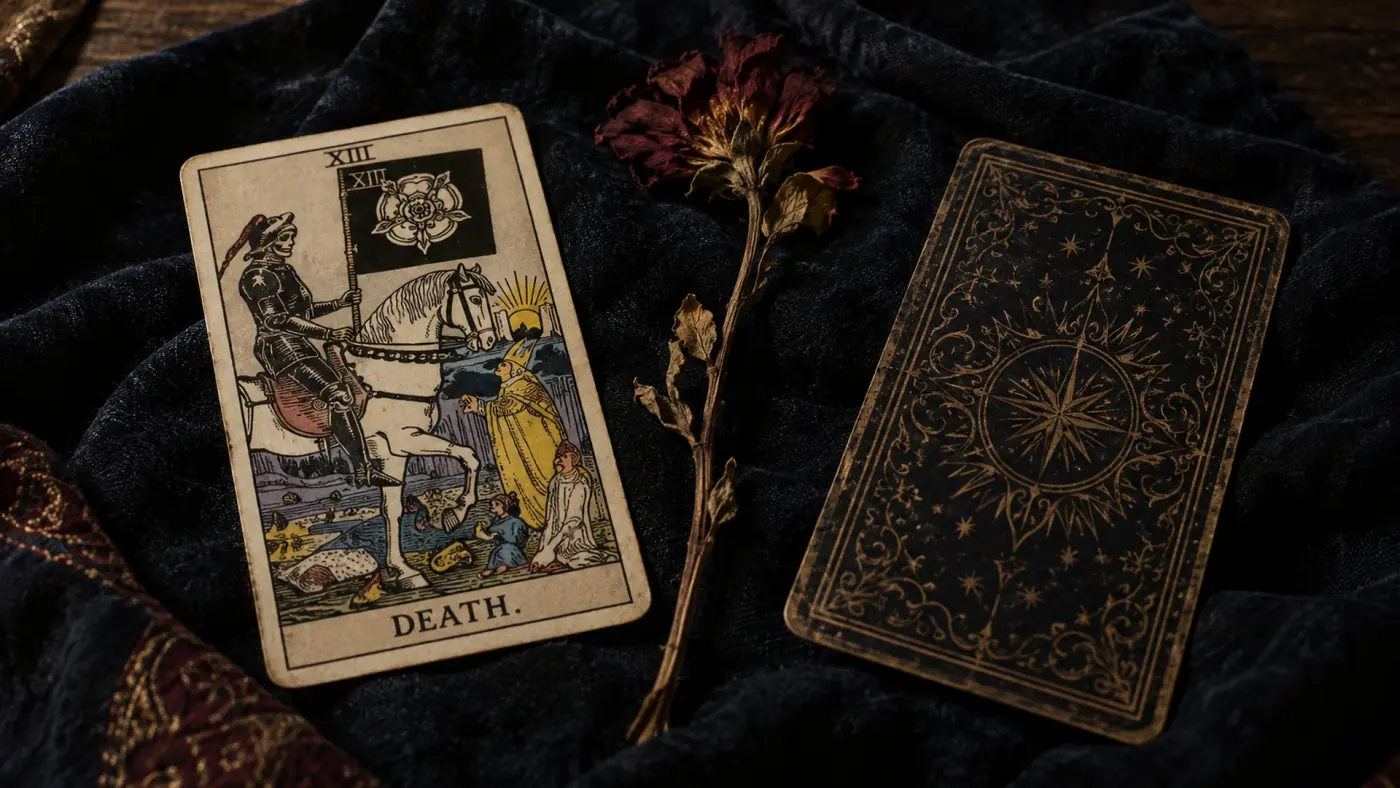 Carta de tarot bocabajo junto a otra bocarriba sobre tela oscura