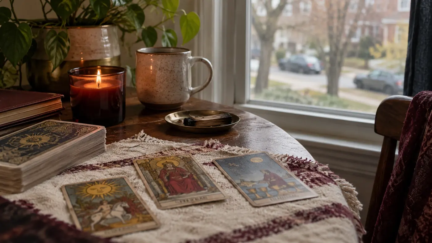 Mesa junto a una ventana con cartas de tarot y una calle desenfocada al fondo