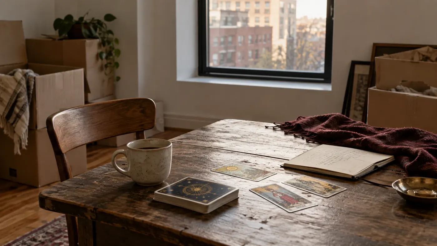 Cajas de mudanza a medio abrir junto a una mesa con cartas de tarot