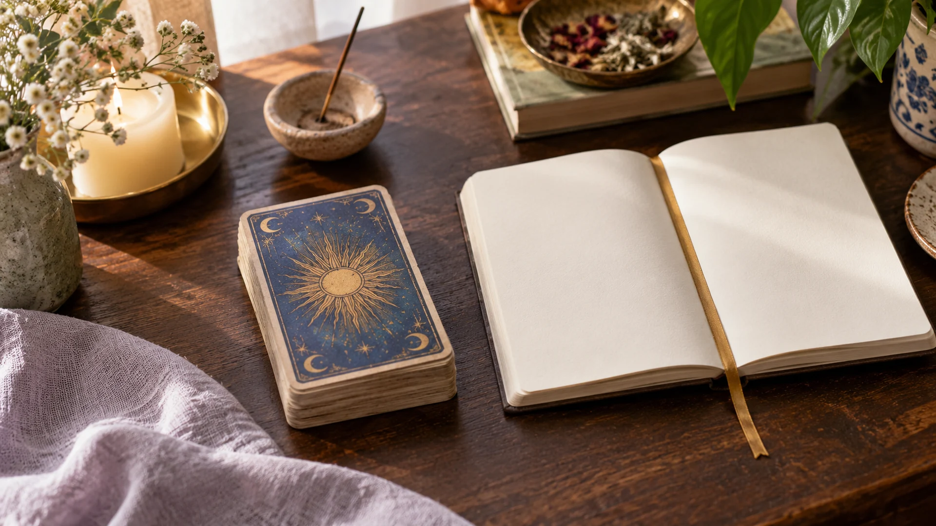 Composición editorial de tarot para la guía «Tarotista o vidente: diferencias de enfoque»