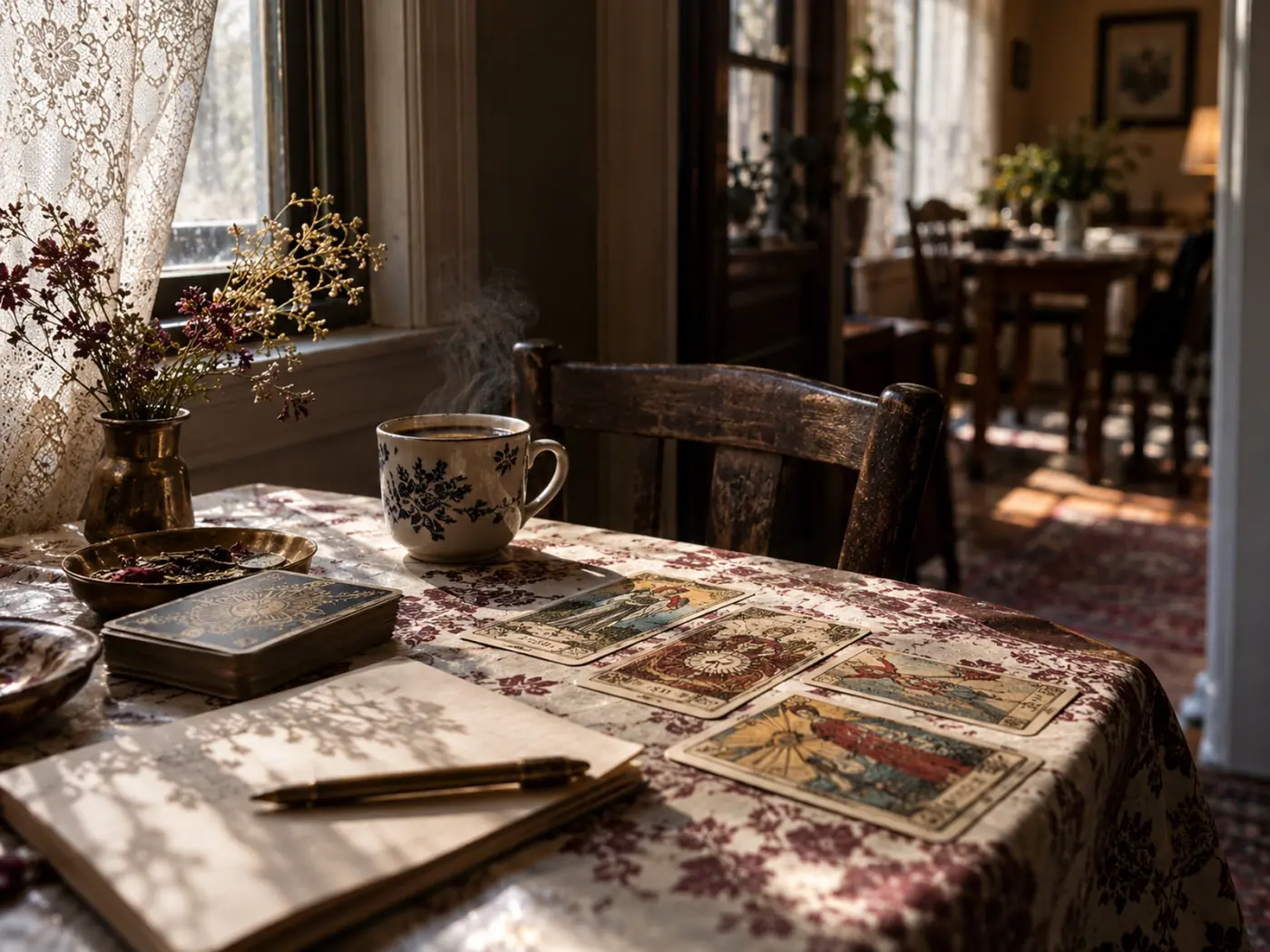 Mesa de cocina con cartas de tarot en un interior de Cicero, Illinois