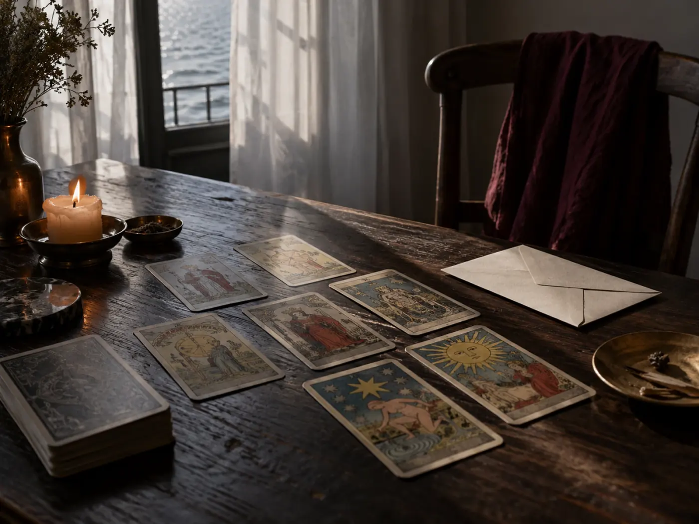 Cartas sobre una mesa junto a una ventana con luz de río en Elgin, Illinois