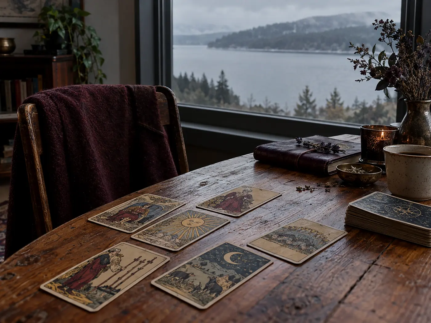 Ventana con luz reflejada del río y cartas de tarot sobre la mesa en Jersey City