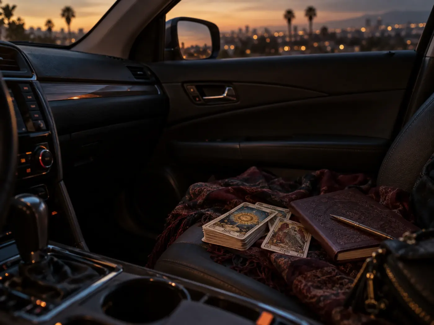 Cartas de tarot sobre el asiento de un coche aparcado al atardecer en Joliet