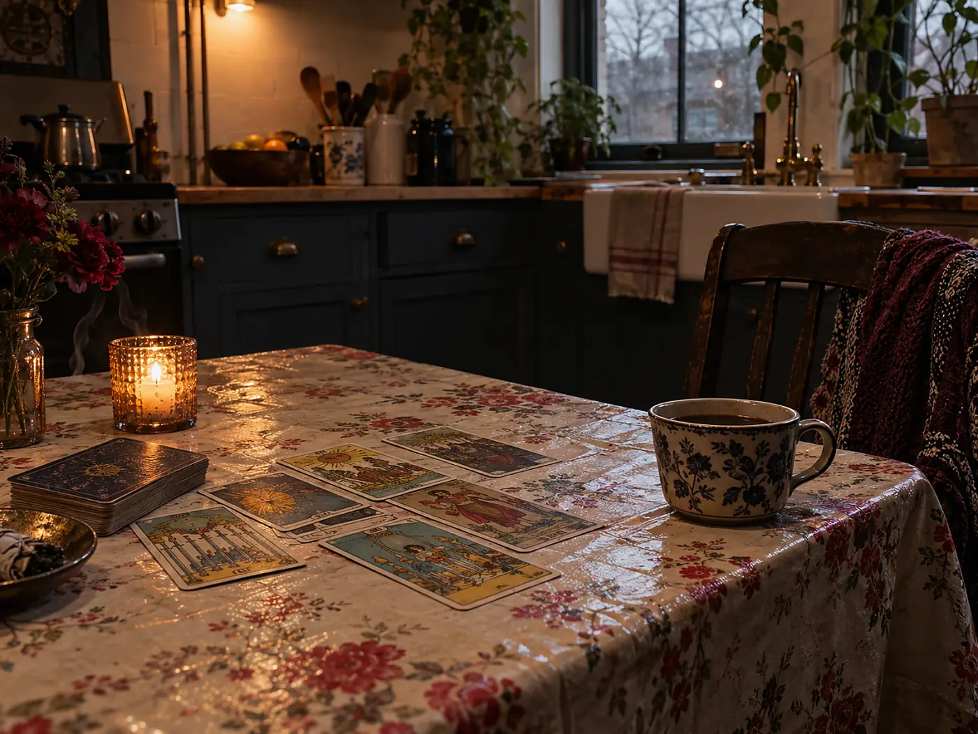 Interior sencillo con cartas de tarot y luz de mañana en Park City, Illinois