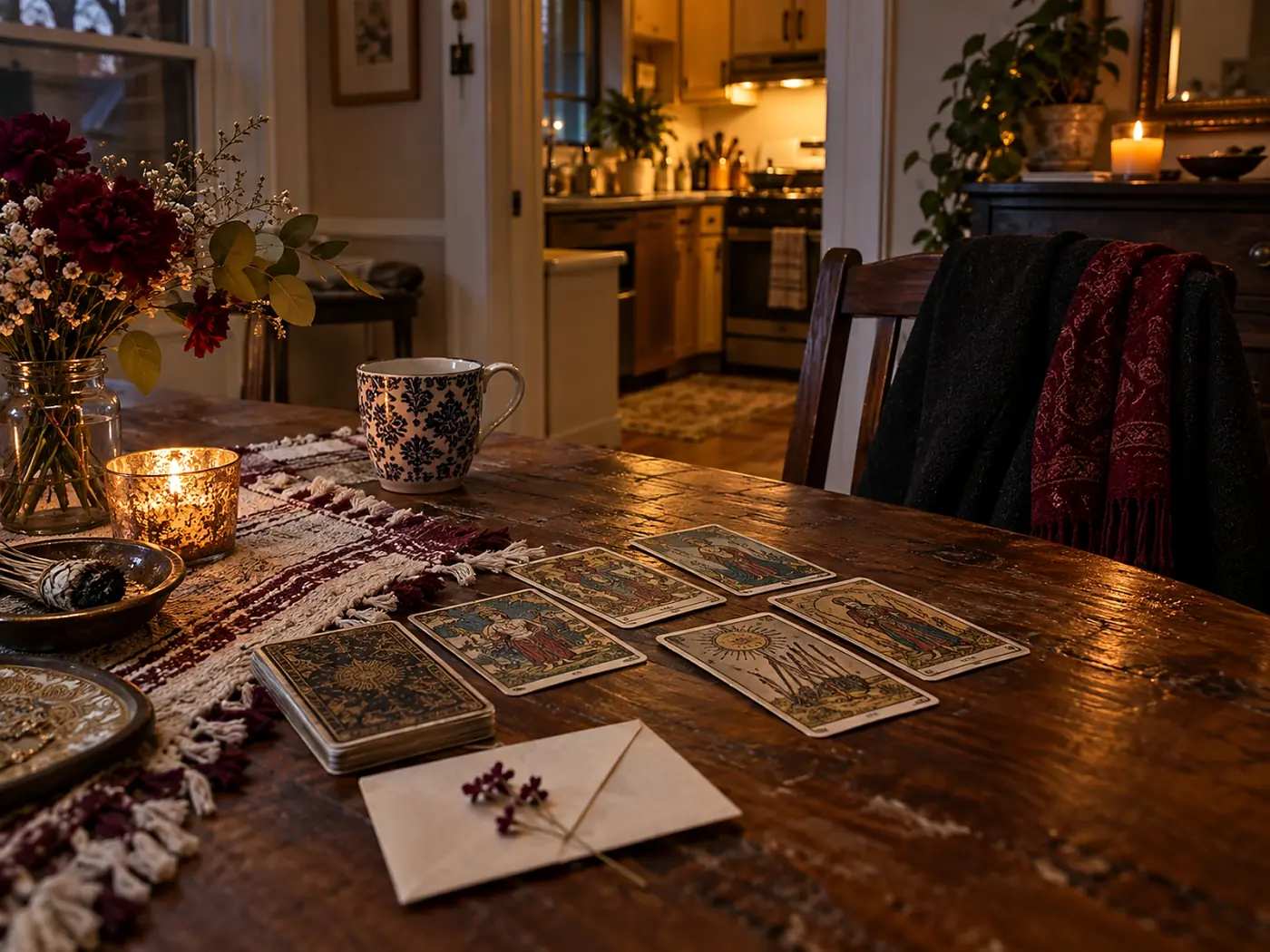 Interior con luz cálida de tarde y una lectura de cartas en Paterson