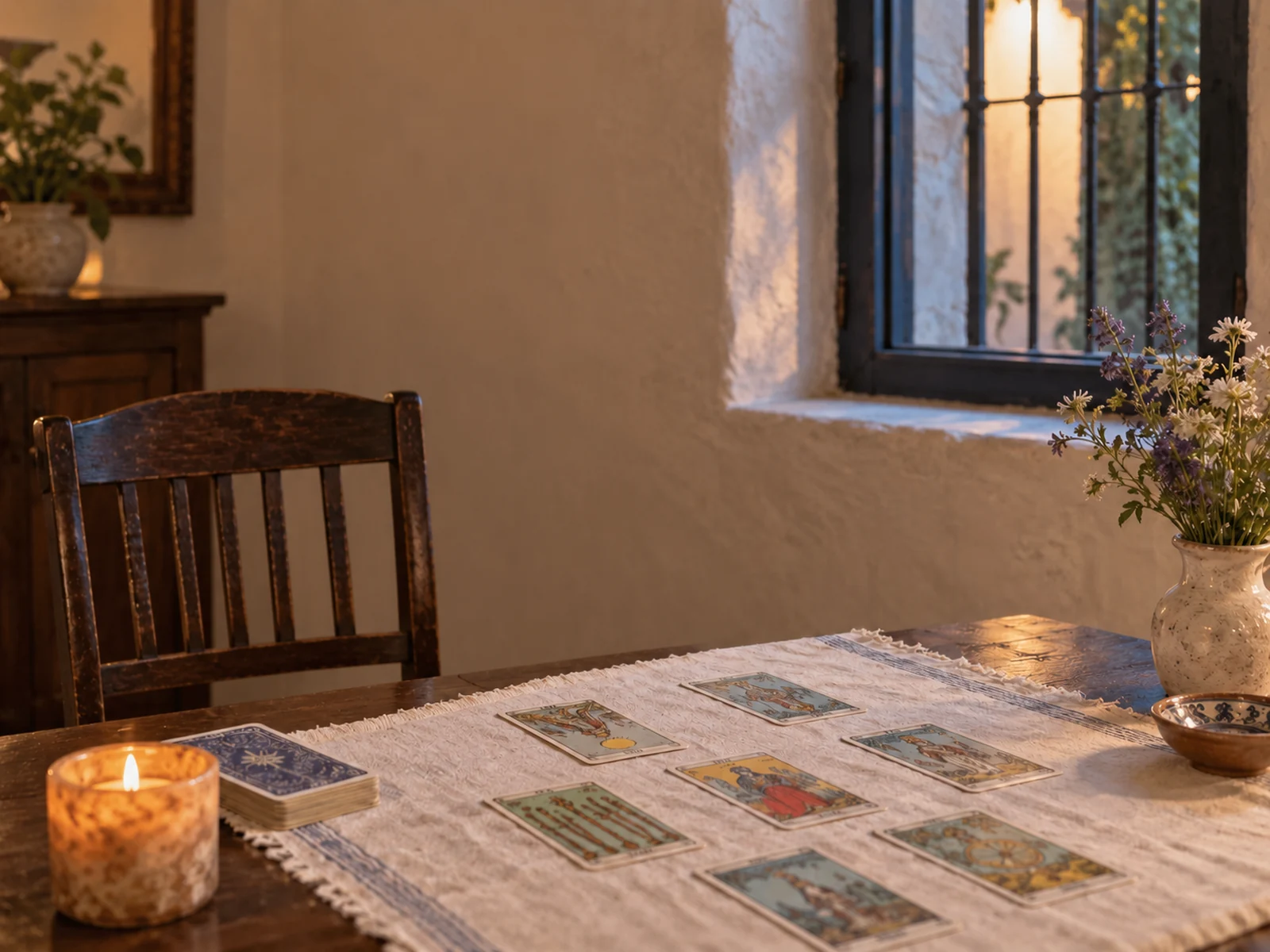 Rincón de lectura de tarot en una escena editorial inspirada en San Antonio