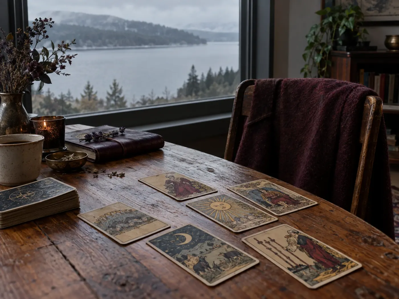 Interior con luz gris de lago y una lectura de cartas sobre la mesa en Waukegan