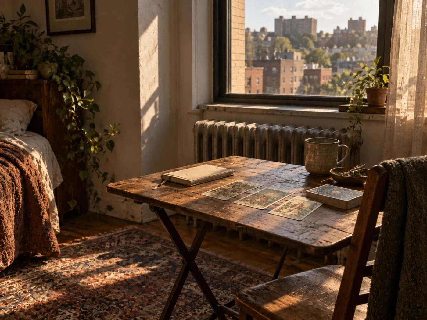 Ventana con luz de tarde y cartas de tarot sobre una mesa en Yonkers
