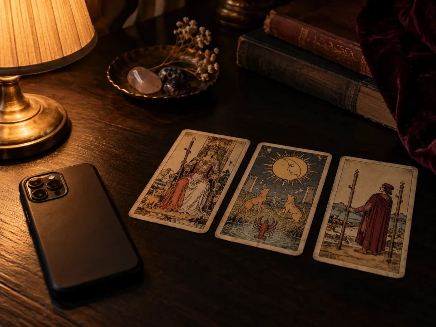 A phone face down beside tarot cards in dim warm light