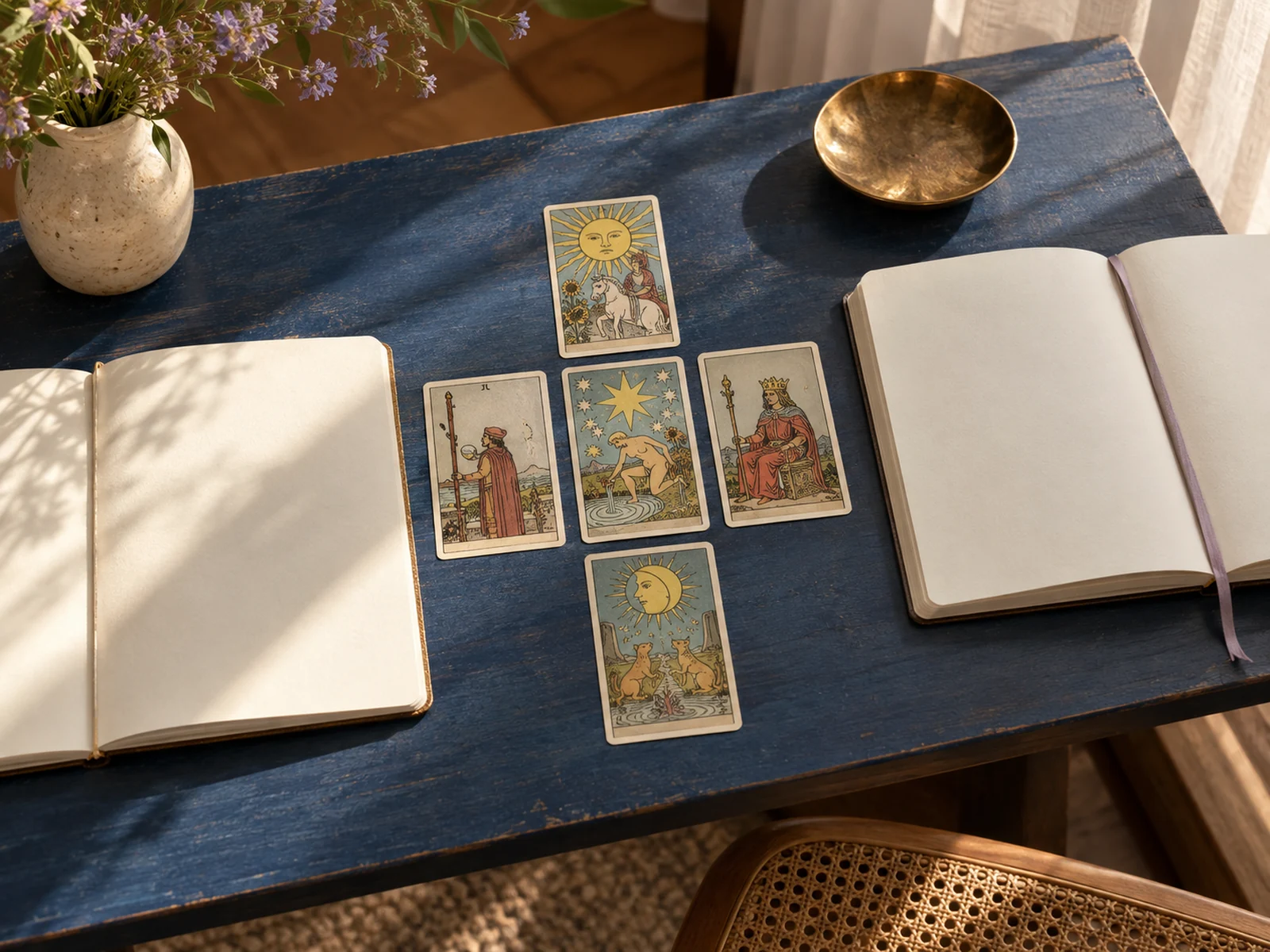 Tarot cards and an open notebook on a dark reading table