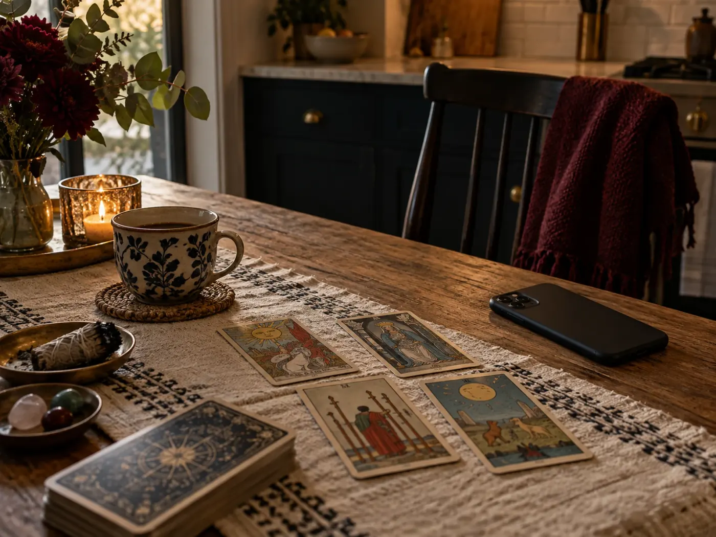 Teléfono junto a unas cartas de tarot sobre una mesa en un interior doméstico