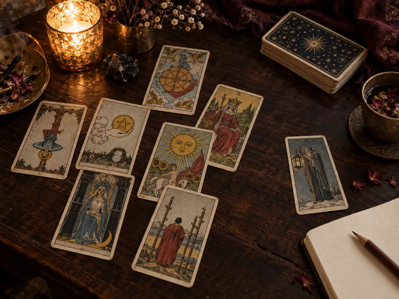 Cartas de tarot extendidas sobre una mesa de madera en una lectura personal