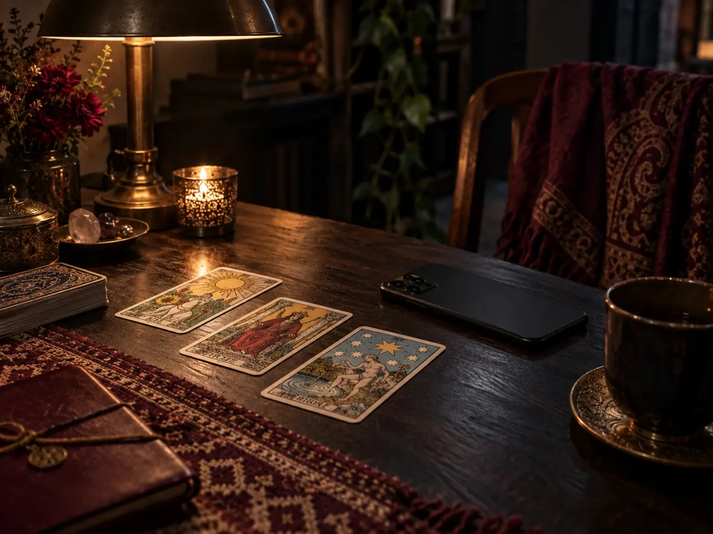 Teléfono en altavoz junto a una lectura de cartas en penumbra