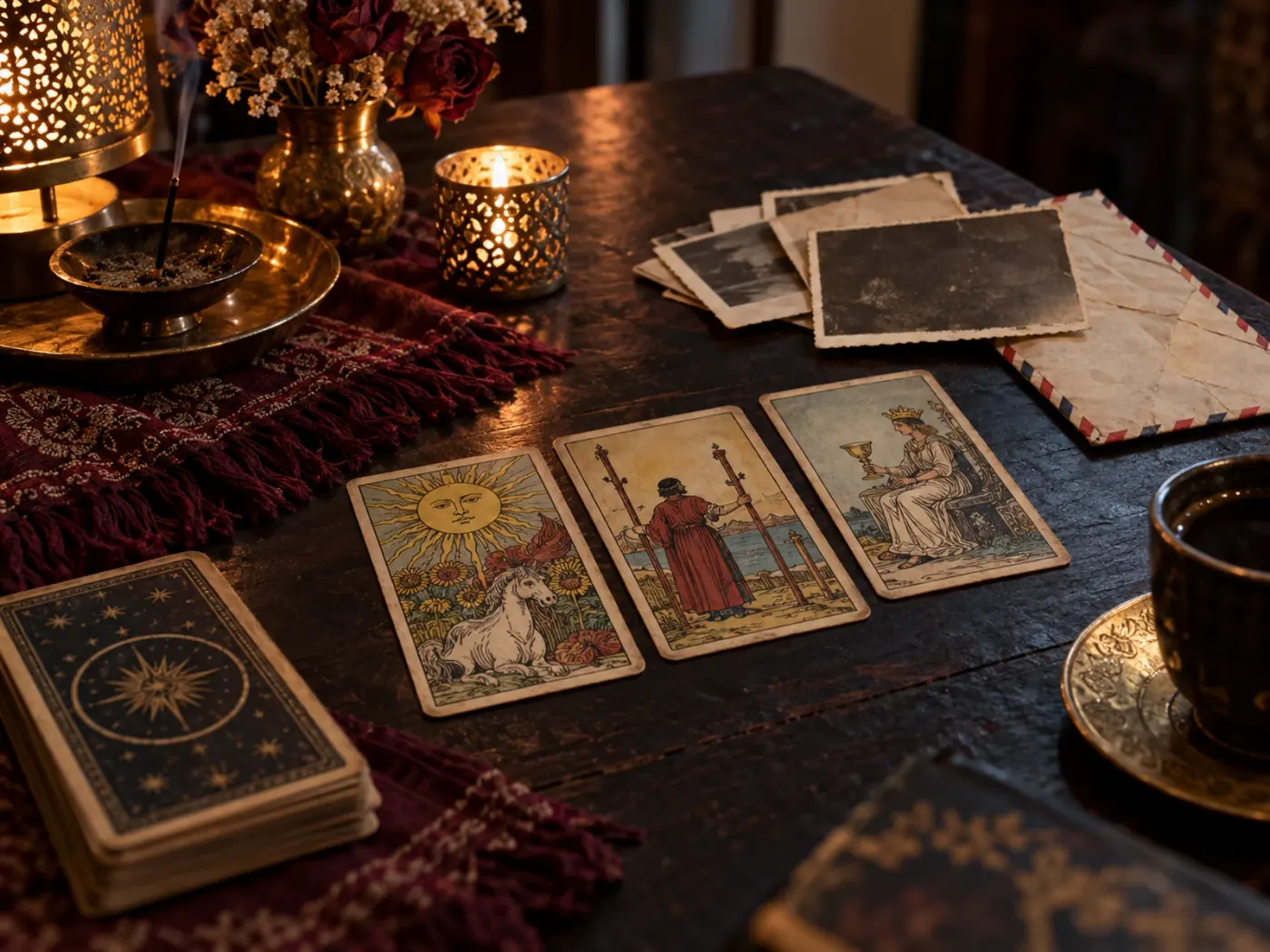 Fotografías familiares antiguas junto a unas cartas de tarot sobre una mesa