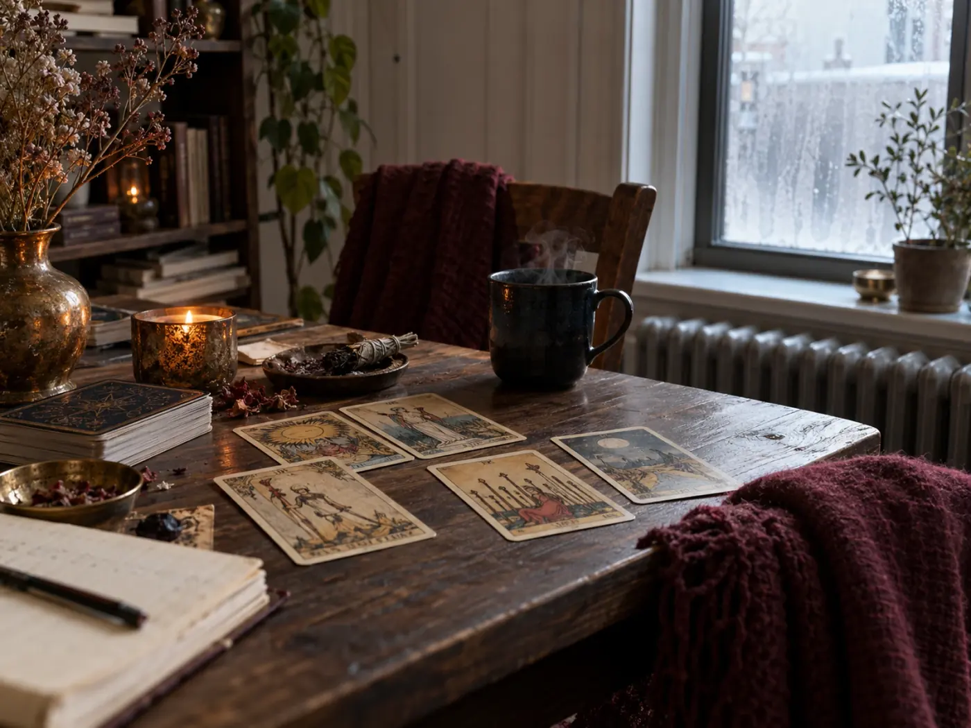 Mesa de lectura de cartas junto a una ventana en un interior de Illinois en invierno