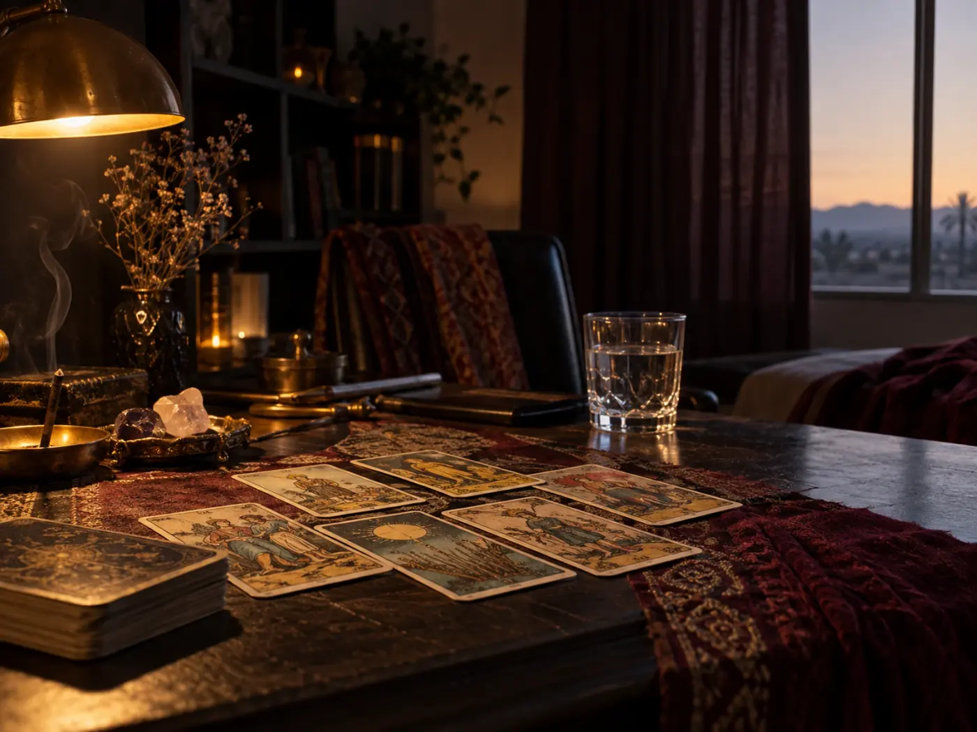 Interior en penumbra con cartas de tarot y luz de lámpara en Nevada