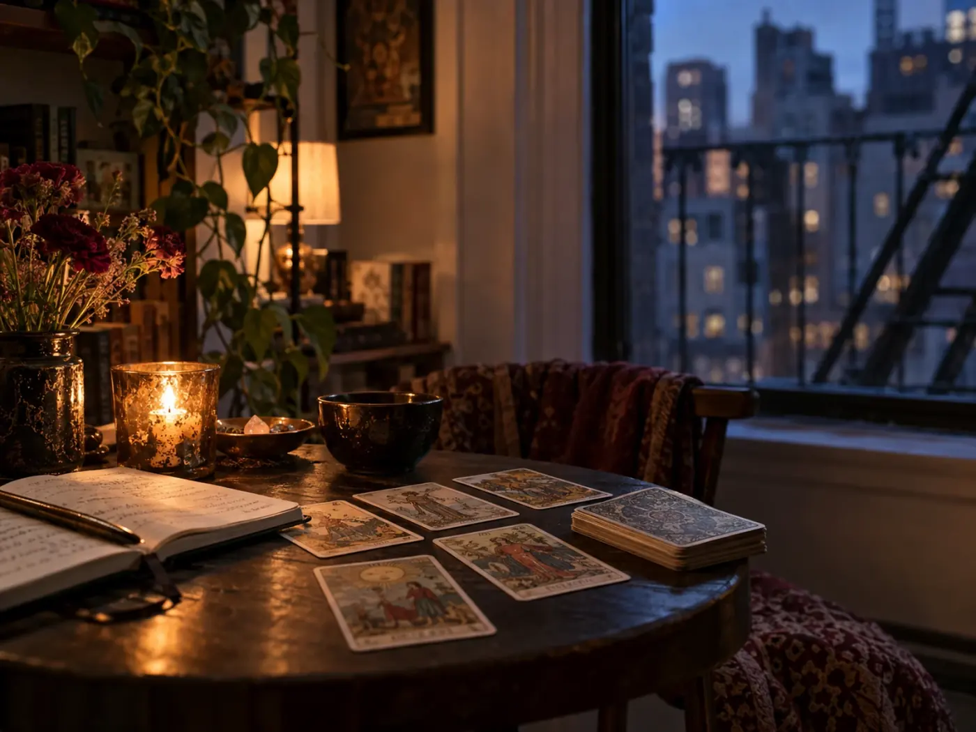 Rincón de lectura de cartas junto a una ventana alta en un apartamento de Nueva York