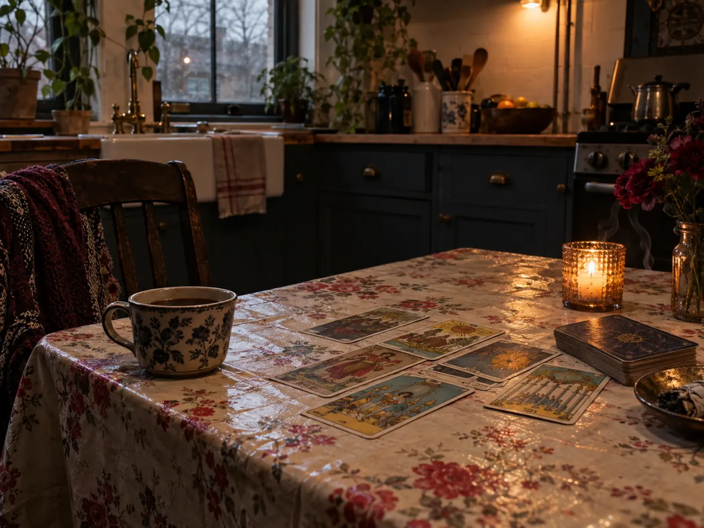 Cocina antigua con cartas sobre un mantel, en un interior de Pensilvania